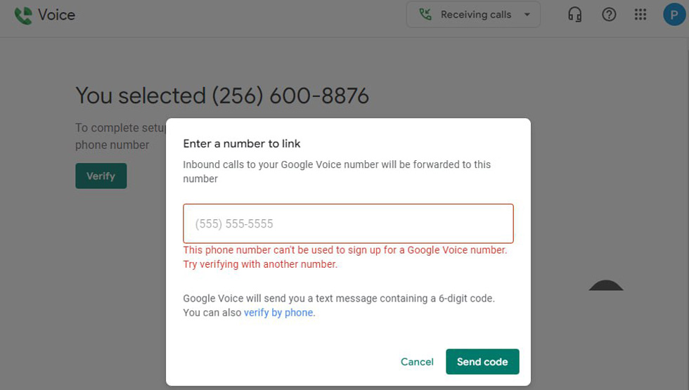 This phone number can't be used to sign up for a Google Voice number. Try verifying with another number