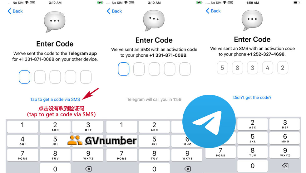 tap to get telegram sms code