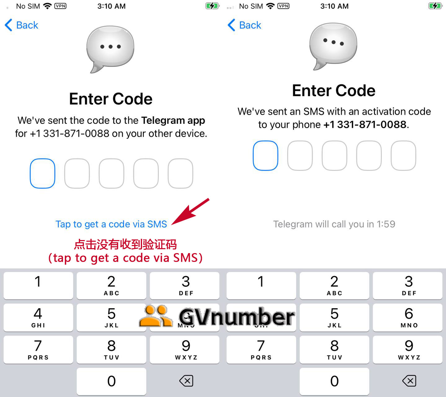 过点击下面小字 Tap to get a code via SMS 要求TG通过短信的方式把验证码发给我们。