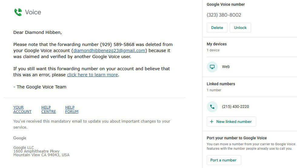 转接号码已从您的 Google Voice 帐户 中删除