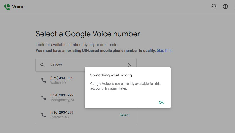 此账号目前无法使用 Google Voice。请稍后重试。